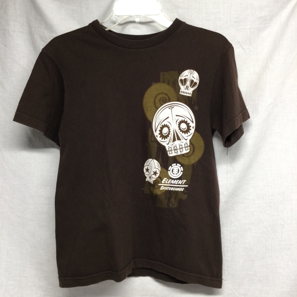 Element Boys Brown Short Sleeve Tee with White Skull Graphics Skateboard Y2K SzL
